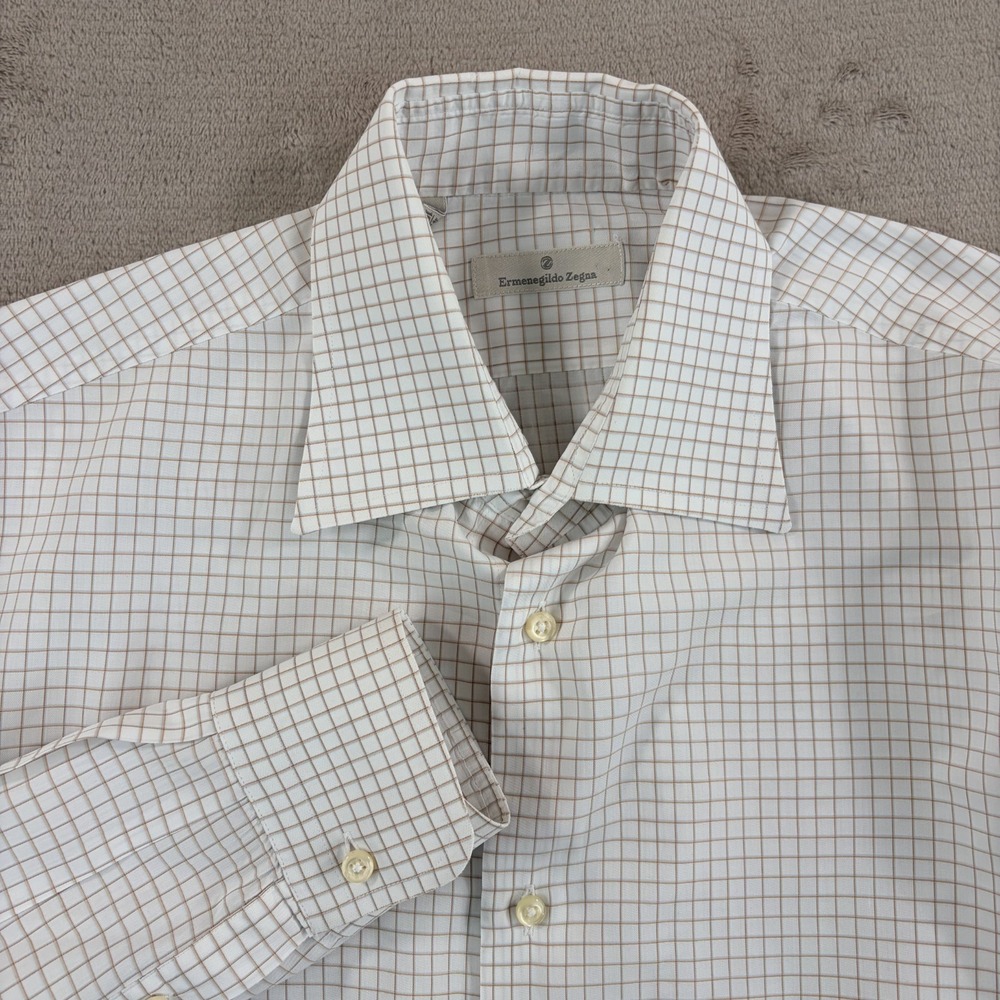 Ermenegildo Zegna Dress Shirt in White Beige Check Men 42 16.5 Large Italy Made